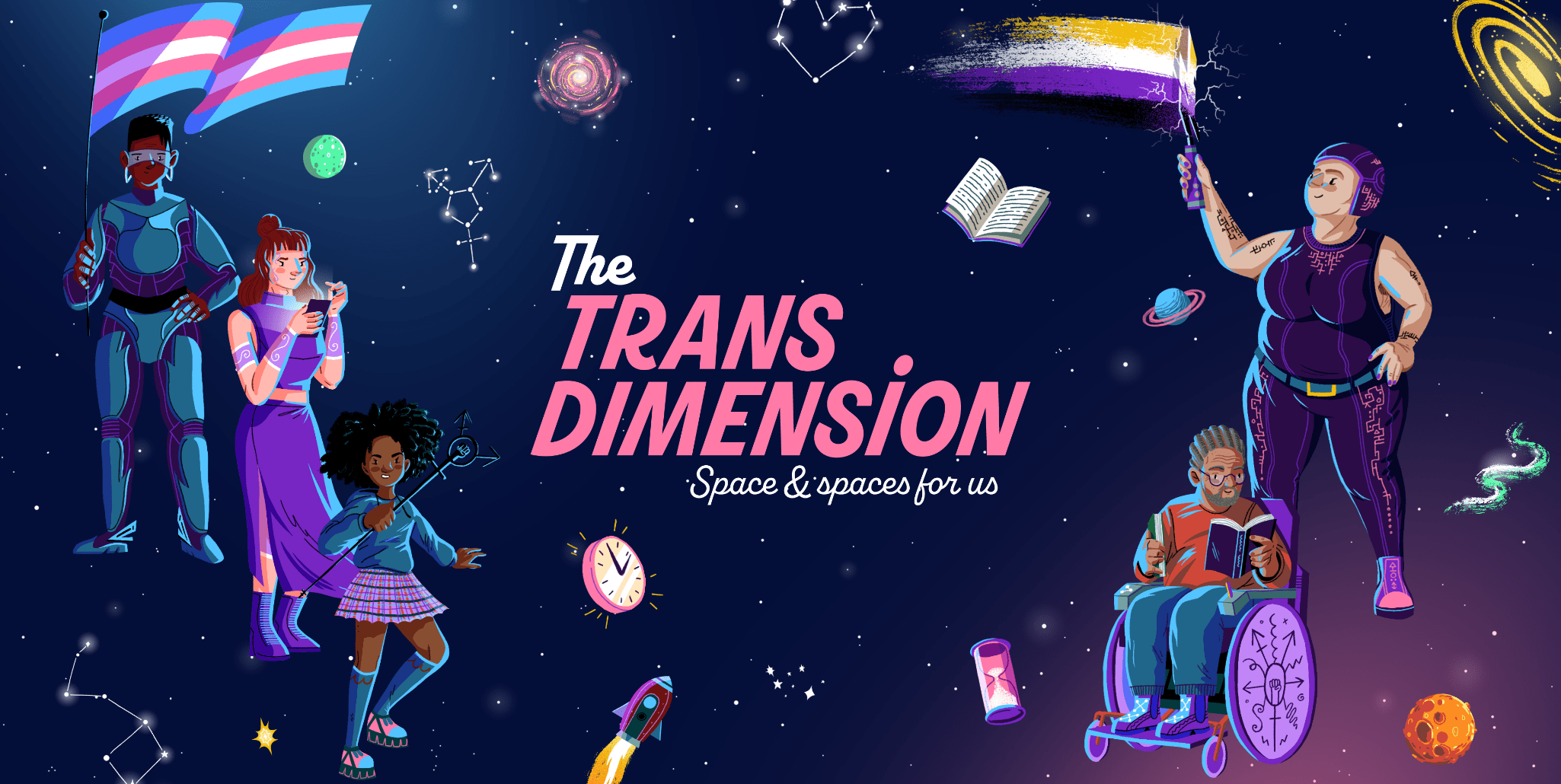 The Trans Dimension logo alongside five illustrations of trans people